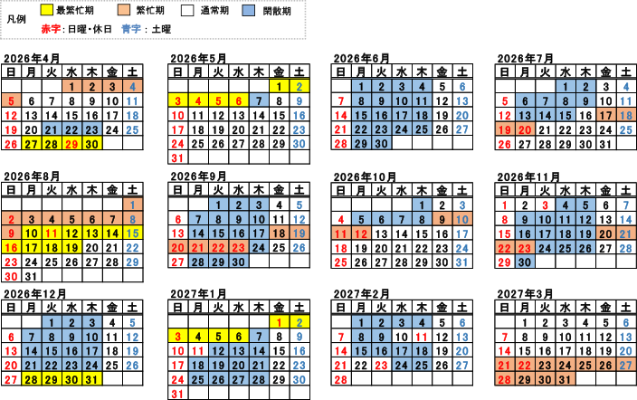 閑散期・繁忙期カレンダー2026